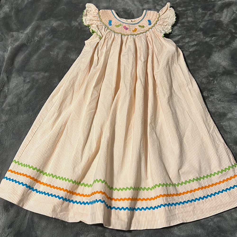 Zuccini Flip Flop Smocked Angel Sleeve Orange SeersuckerDress size 5